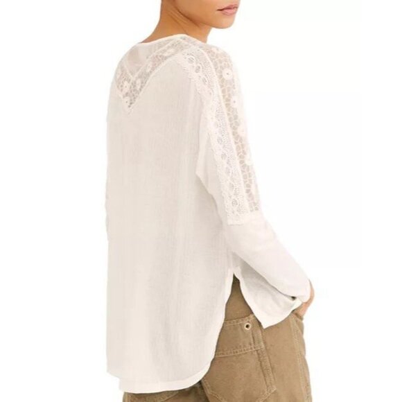 Free People Lola Long Sleeve Knit Lace Shirt Lace Womens Size XS Oversized Ivory - Picture 2 of 14